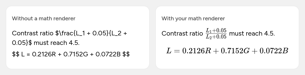 A sentence with an inline fraction and a display equation, rendered twice. Before, the dollar-delimited math shows as literal text. After, the inline fraction is typeset within the sentence and the equation is typeset on its own centered line.